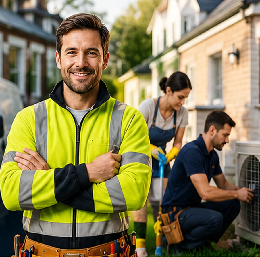 A smiling local electrician with other local professionals working on a UK street